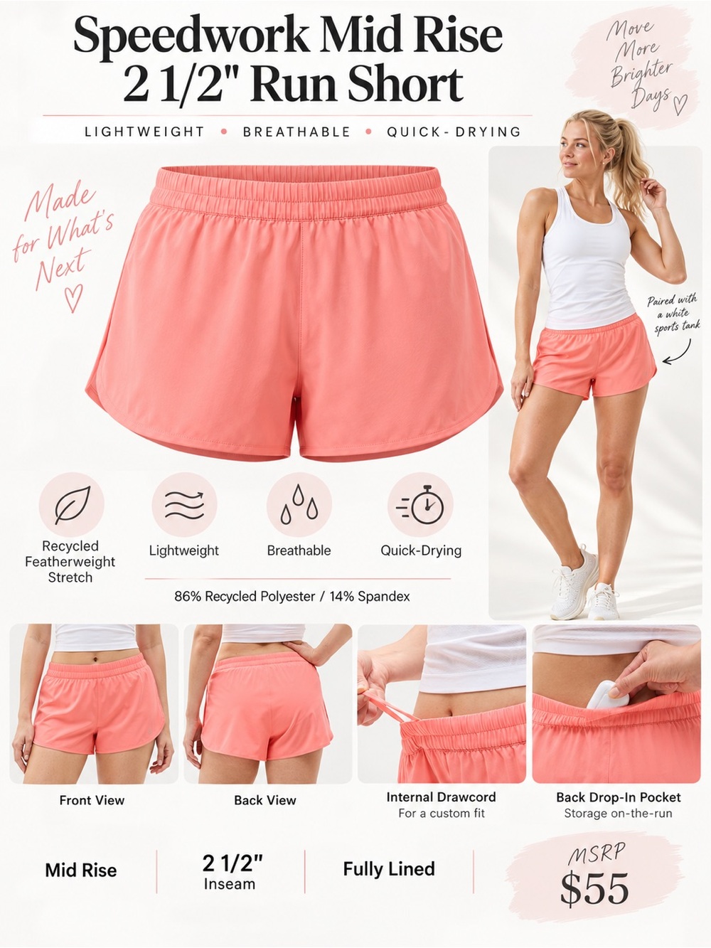 Athleta Coral Speedwork Mid-Rise 2.5" Run Shorts